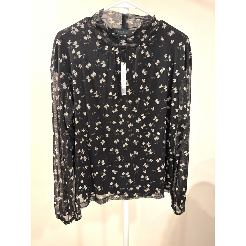 NWT Sanctuary Black Floral Mesh Mock Neck Long Sleeve Top Sheer Whimsigoth L